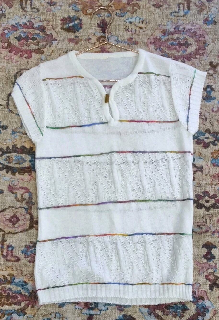 Sheer Sz Medium Open-Knit S/S Split Neck White & Rainbow Striped Sweater